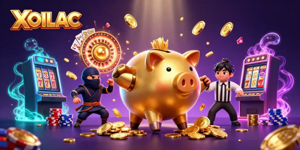 Experience excitement with XOILAC as the golden piggy bank sumo wrestler stomps, unleashing coins in this vibrant 3D scene.