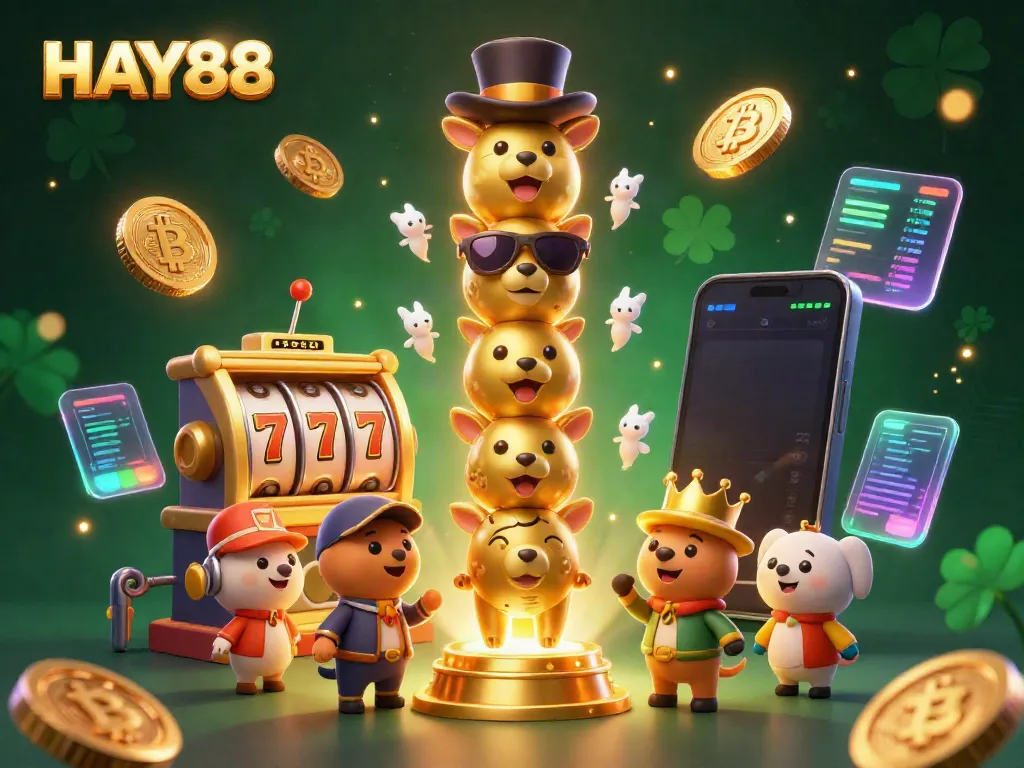 Engage with HAY88 through an energetic illustration showcasing vibrant casino elements and crypto icons.