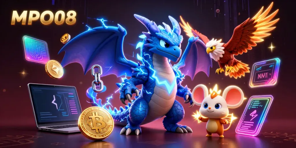 Win big with MPO08 in this electric casino-themed illustration showcasing thrilling gaming elements.