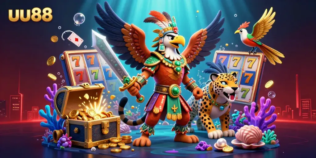 Engage at uu88 with an action-packed scene featuring a jaguar warrior, gold coins, and vibrant slot reels.