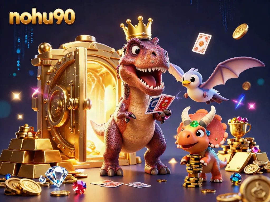 Experience thrilling gameplay with nohu90 as T-Rex and friends shuffle cards in a gem-filled casino.