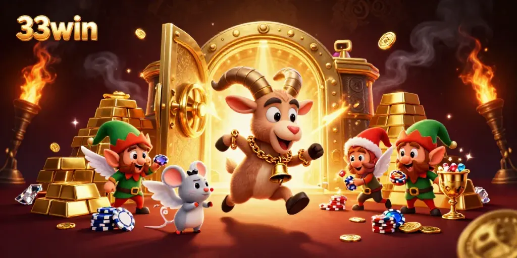 Experience thrilling games and wins at 33win casino with vibrant characters and festive atmosphere.