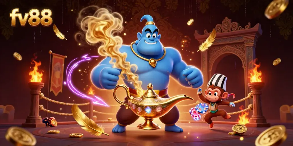 Experience the thrill of fv88 with a dynamic casino-themed illustration featuring enchanting characters and elements.