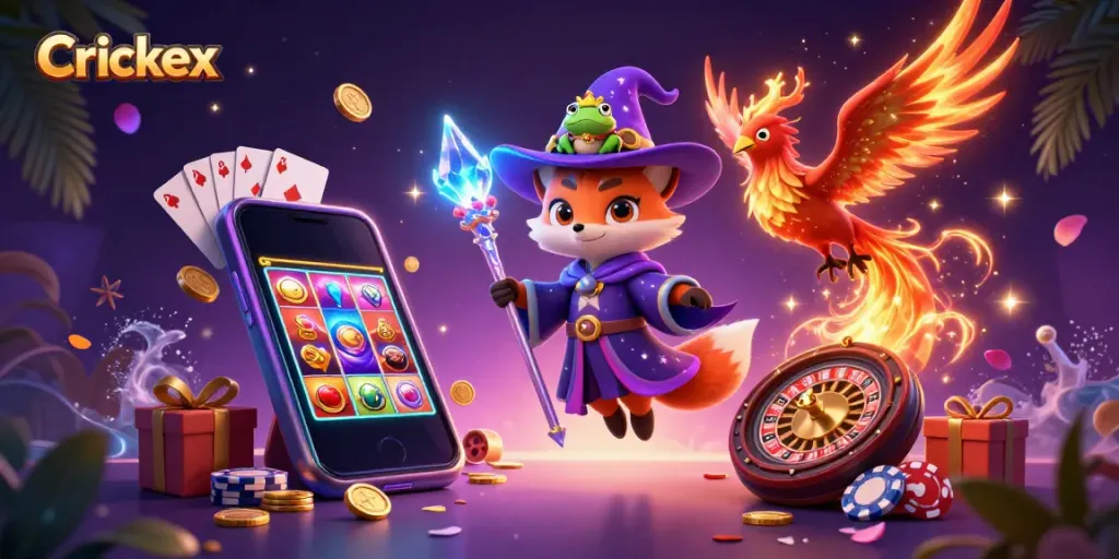 Experience thrilling moments with Crickex amidst vibrant casino elements and magical characters.