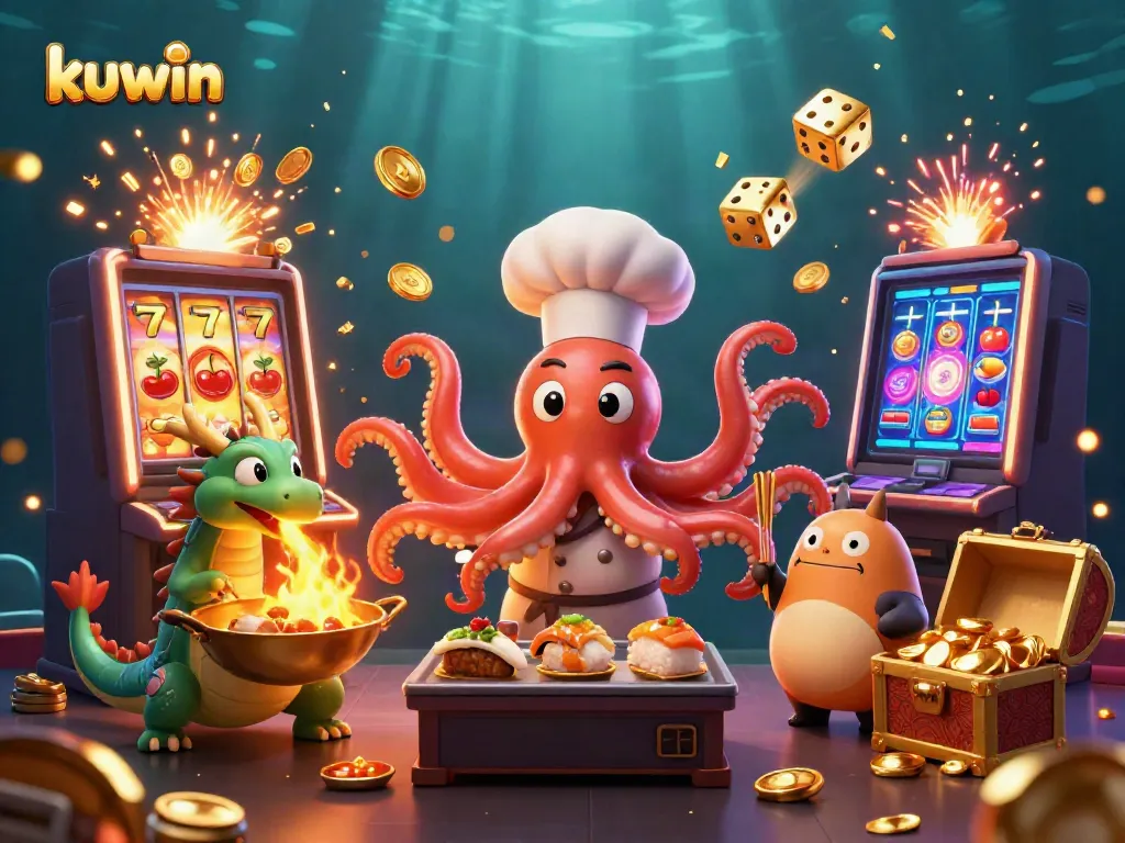 Kuwin octopus chef presenting winning dishes, surrounded by a slot machine jackpot and casino elements in a vibrant scene.
