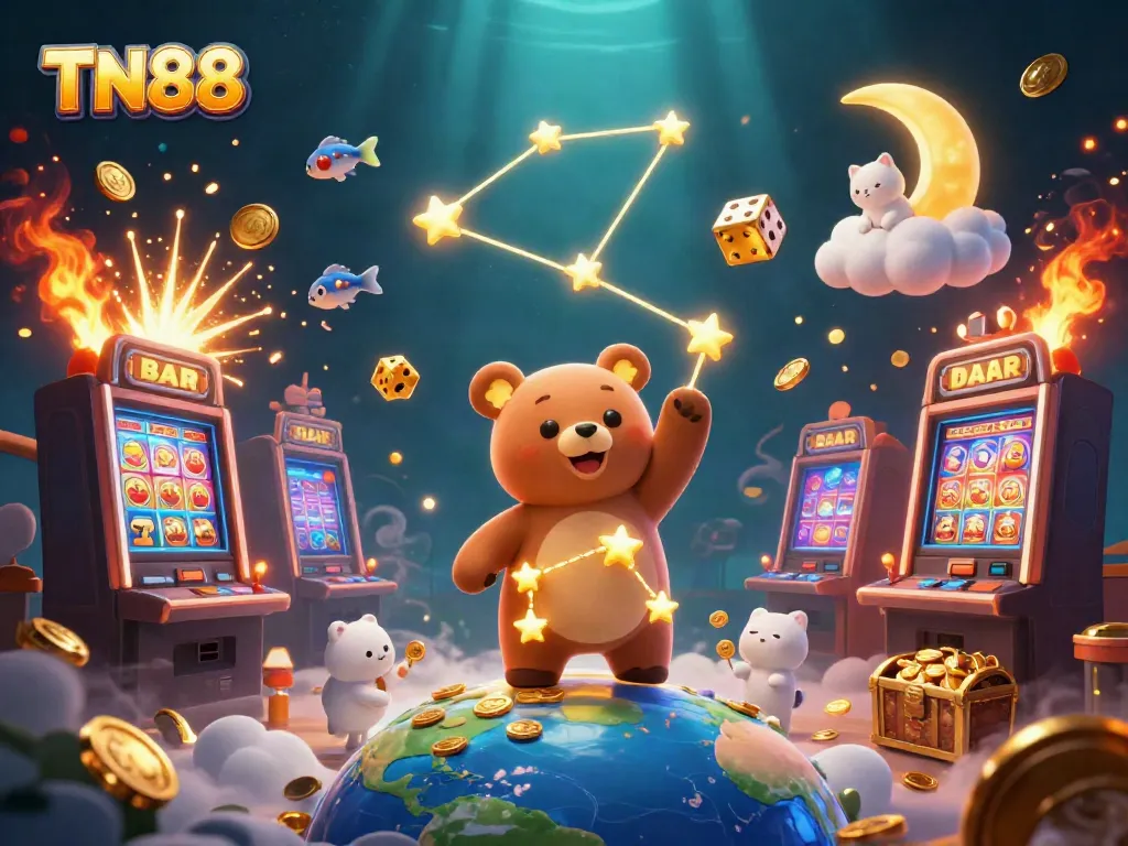 Experience TN88's excitement as a constellation bear scoops coins amidst a vibrant casino scene.