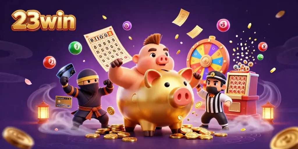 Engage in thrilling gambling action with 23win as a golden piggy bank sumo wrestler shakes loose coins amidst colorful lottery elements.