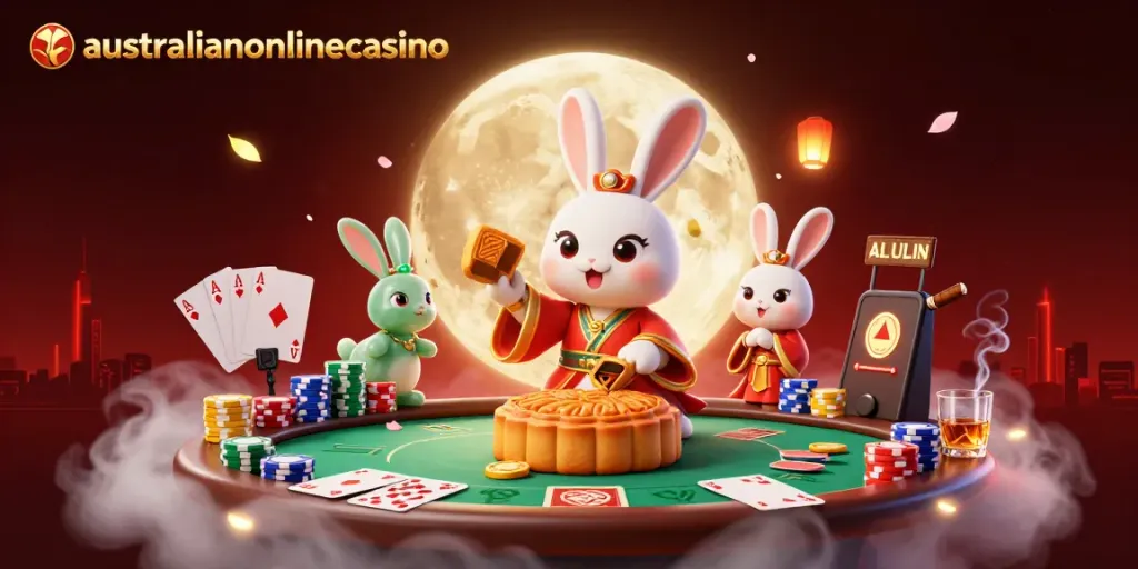 Engage with the vibrant scene at australianonlinecasino featuring a moon rabbit, poker elements, and a mystical atmosphere.