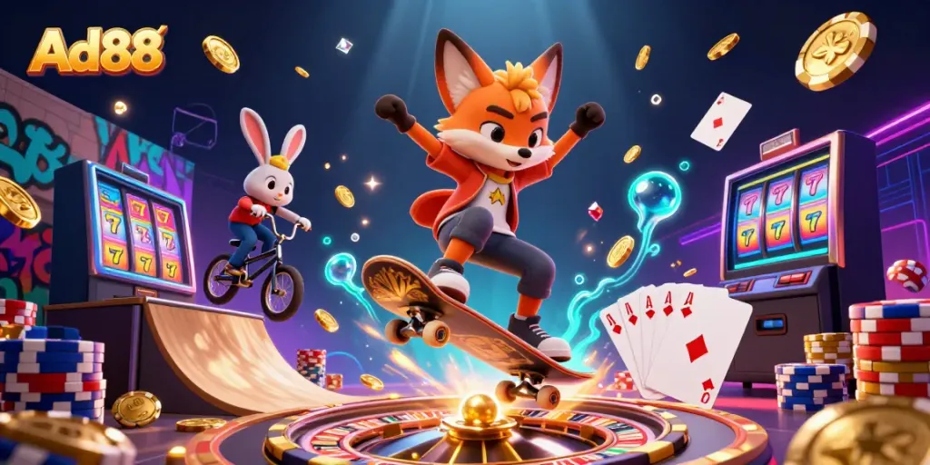 Ad88 brings excitement to the gaming world with a vibrant 3D illustration of characters enjoying dynamic casino games.