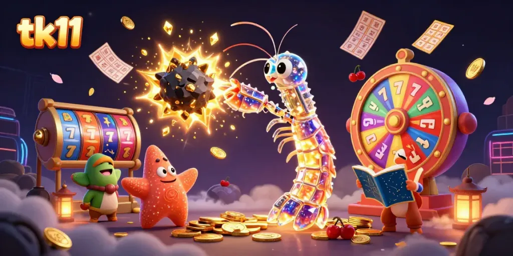 Engage in exhilarating tk11 casino adventures with a vibrant scene of 3D cartoon characters amidst slot reels and gold coins.