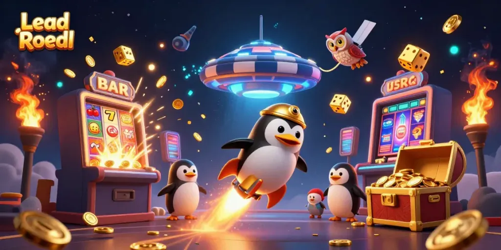 Experience the thrilling realm of Lead Roedl with a golden penguin and explosive casino elements