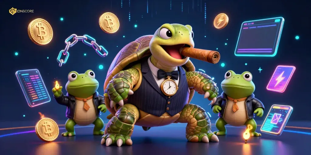 Experience the thrill of IDNSCORE with a cartoon turtle in a casino scene, showcasing Bitcoin and Ethereum elements.
