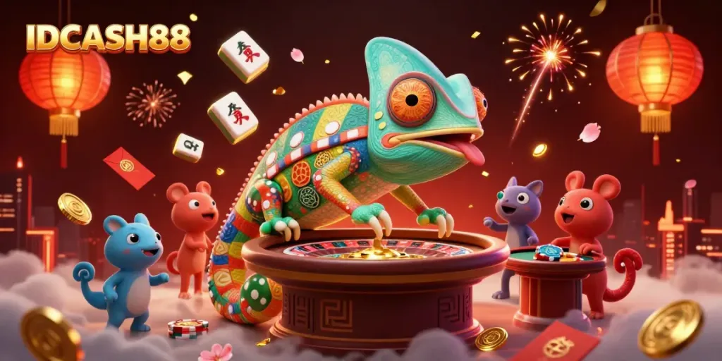 Feel the excitement of IDCASH88 as the chameleon casino owner captures golden coins amid a colorful casino scene.