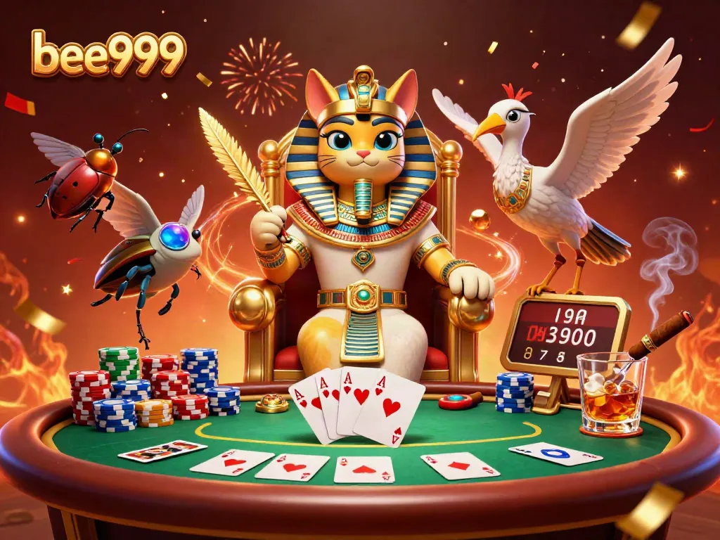 Engage with bee999 in an exciting poker showdown featuring a royal pharaoh cat surrounded by vibrant casino elements.