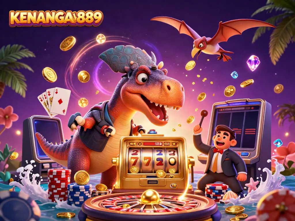 Experience KENANGAN889's dynamic casino scene with characters and jackpot excitement.