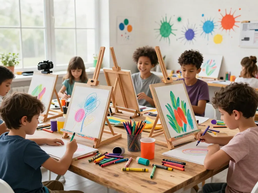 Children drawing in an art studio using products from a professional crayon manufacturer.