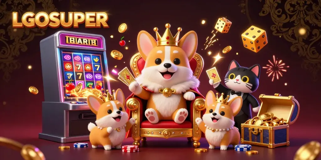 Experience thrilling jackpots with LGOSUPER in a vibrant online casino scene featuring cartoon characters and dynamic game elements.