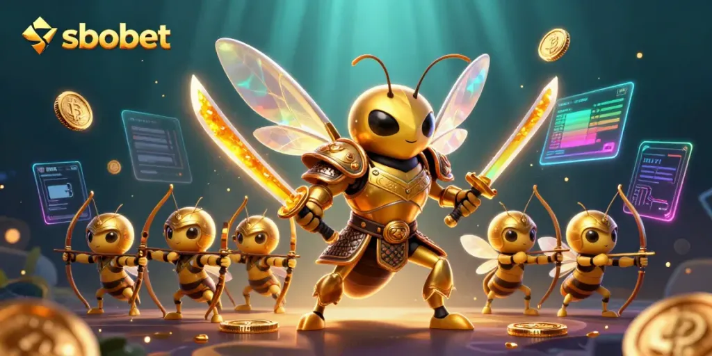 Experience sbobet betting with a dynamic scene of a golden hornet samurai and bee archers.