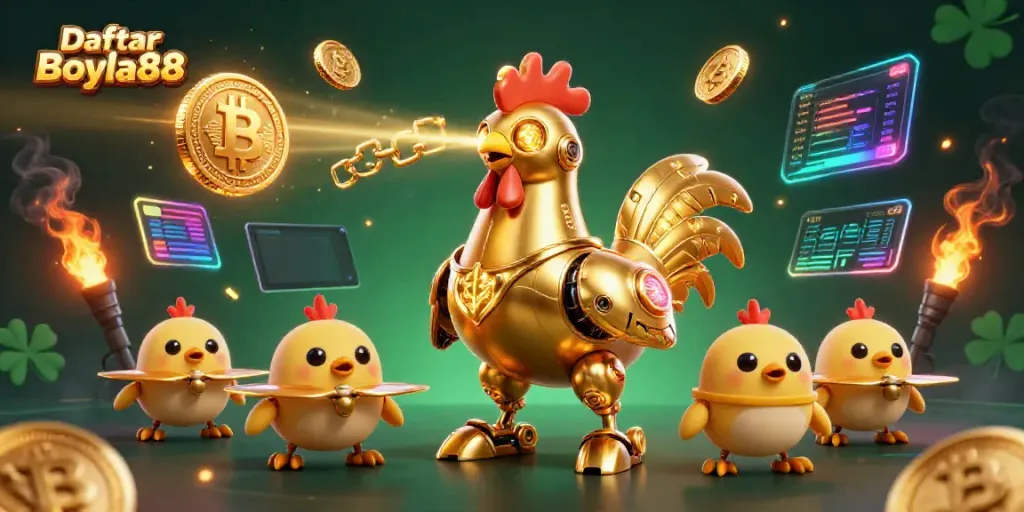 Experience the thrill of Daftar Bola88 as a golden rooster robot blasts lasers, surrounded by crypto coins and vibrant game elements.