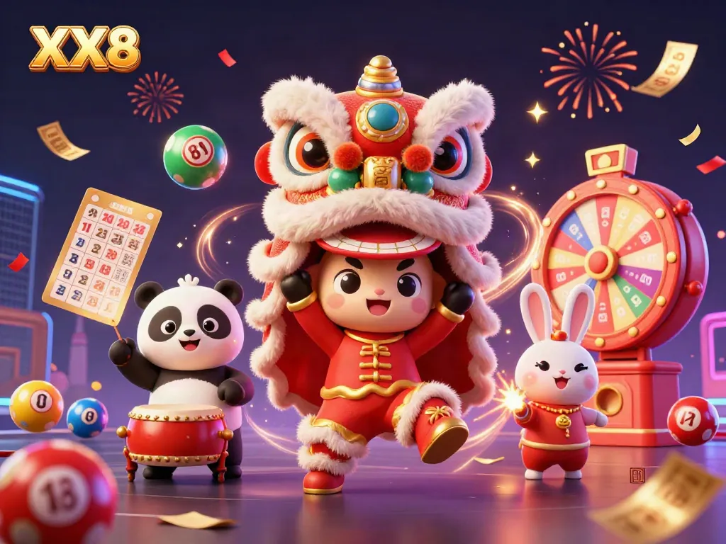 Experience the excitement of XX8 with a vibrant celebration featuring a lion dance, colorful lottery elements, and festive decorations.