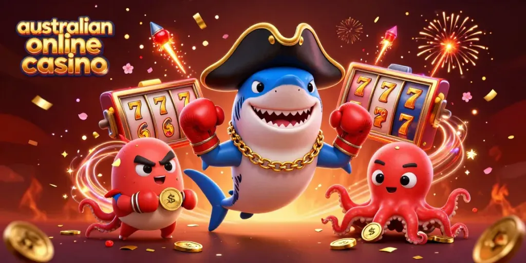 Engaging scene featuring adorable characters celebrating at an australian online casino with slot reels and confetti.