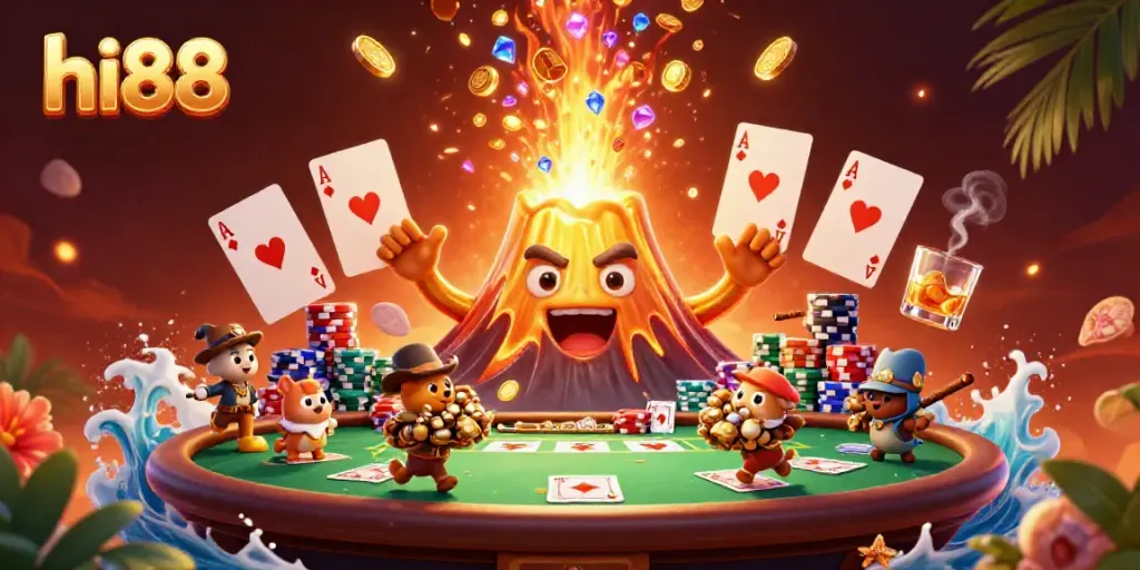 Experience thrilling jackpots with hi88's majestic golden volcano, erupting coins amidst a lively poker scene.