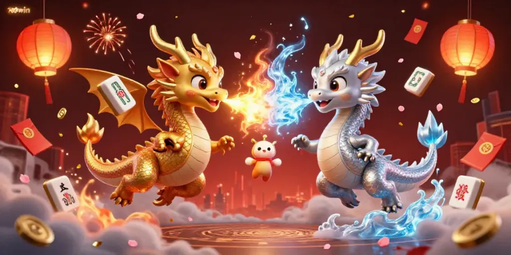 Engage in thrilling adventures with 789win as dragons soar amidst festive decorations in a vibrant gambling illustration.