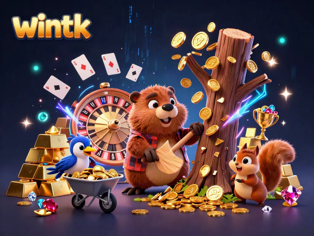 Experience the thrill of wintk with a beaver, bird, and squirrel amidst casino treasures.