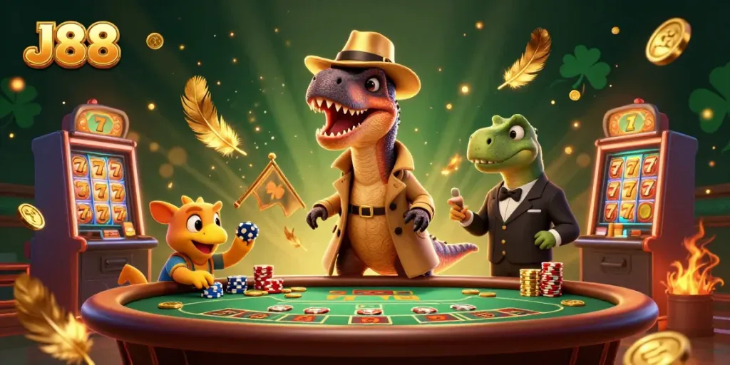 Experience the thrill of J88 at the blackjack table with charming animated dinosaurs.