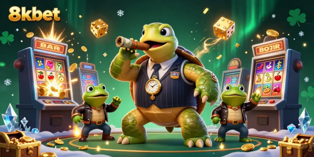 Engaging 3D illustration showcasing 8xbet with a cartoon turtle in a mobster suit and casino-themed elements.