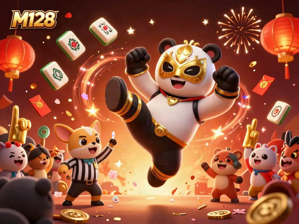 M128 adds excitement with a flying panda wrestler and cheering chihuahua in a vibrant casino scene.