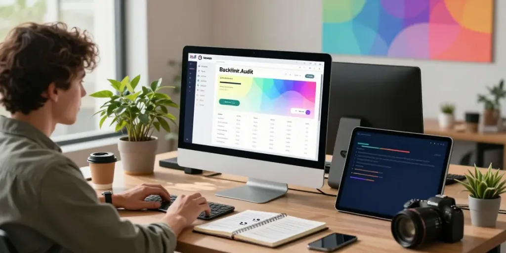 Dynamic workspace featuring a backlink audit tool interface on a laptop, enhancing SEO performance.
