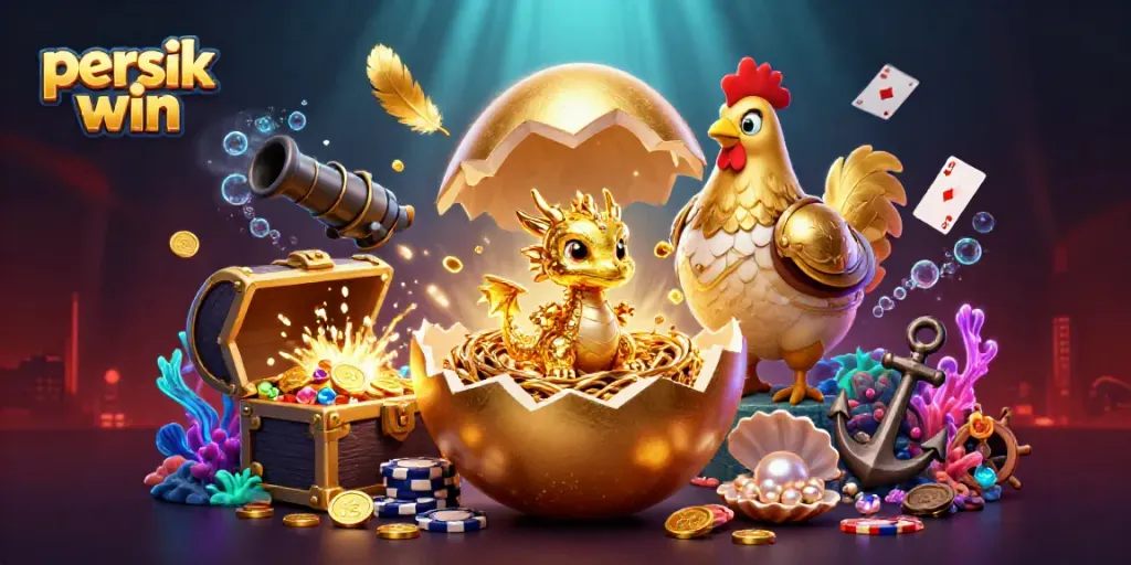 Taruhan dengan persik win, naga emas dan poker chip mengelilingi pemandangan yang meriah.