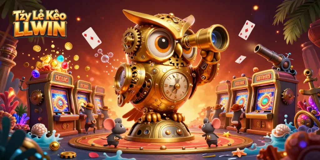 Tỷ Lệ Kèo LLWIN showcases thrilling action with a golden owl scanning the casino floor amidst vibrant gaming elements.