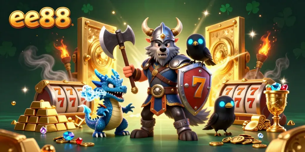 Experience thrilling ee88 action with a Viking warrior, dragon, and raven amidst a wealth of gambling treasures.