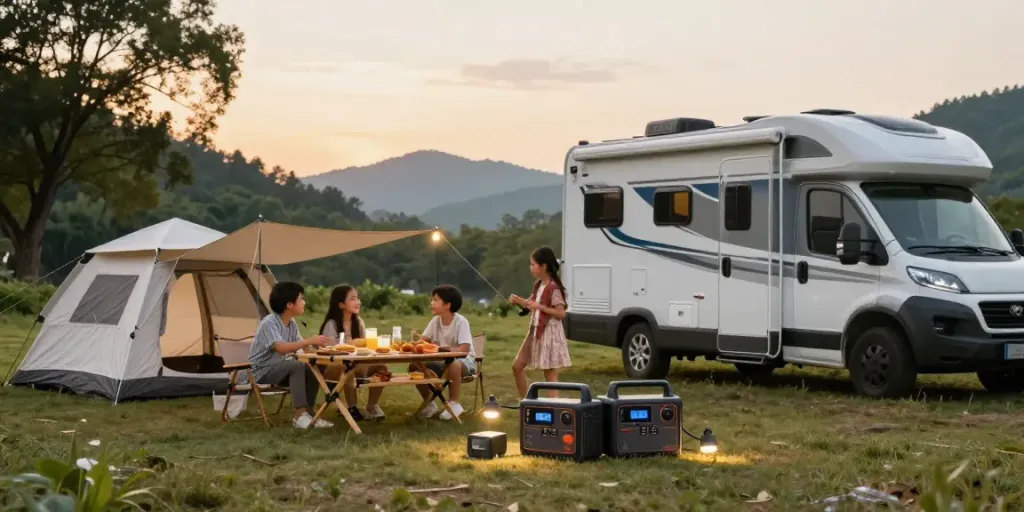 Family camping with 12V Lithium Batteries powering devices in scenic RV setup.