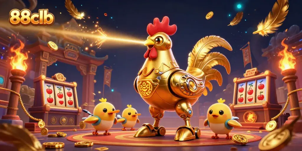 Experience thrilling betting action at 88clb with animated golden rooster and chick drones in a vibrant casino scene.