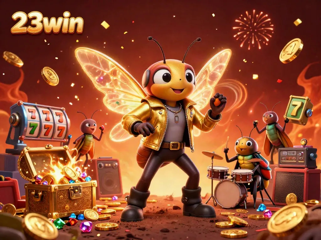 Experience the excitement of 23win with a vibrant 3D illustration of casino-themed characters and gold coins.