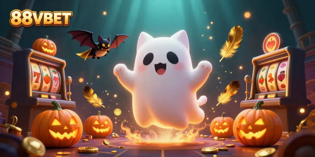 Engage with the lively 88VBET casino scene featuring a ghost cat and a glowing jack-o-lantern.