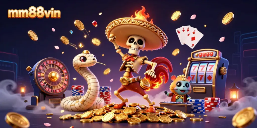 Engage with the excitement of mm88vin's online gambling with vibrant casino characters and dazzling game elements.