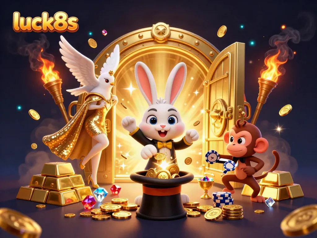 Experience excitement at luck8s with a magician rabbit pulling coins and a playful monkey amidst casino treasures.