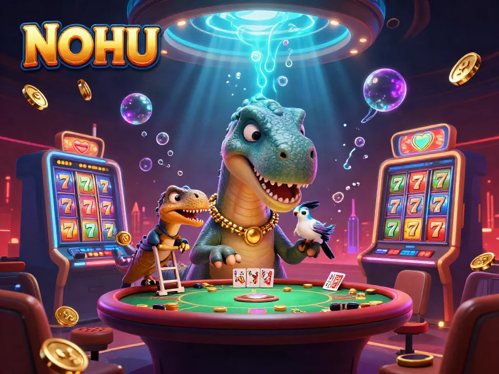 NoHU casino scene with a brontosaurus and raptor amidst jackpot slot reels and colorful coins.