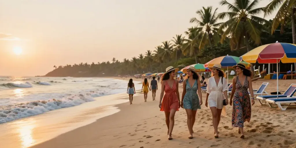 Goa call girls enjoying sunset at the beach in elegant beachwear.