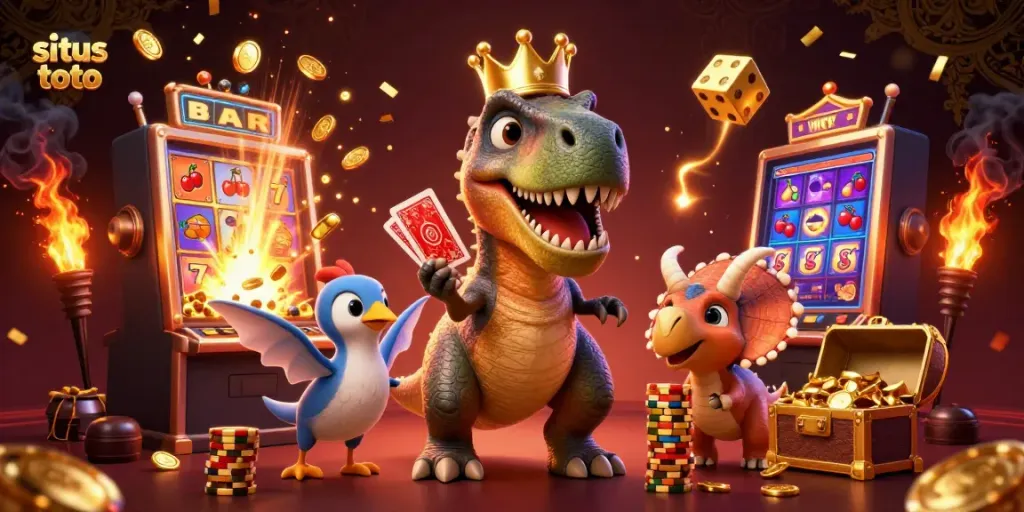 Engage in the world of situs toto with a playful T-Rex and friends amidst a dazzling casino scene filled with coins and jackpots.