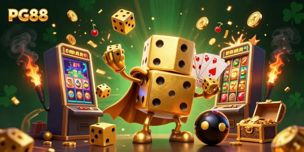 Experience the vibrant world of PG88 casino as golden dice juggle amidst a jackpot explosion.