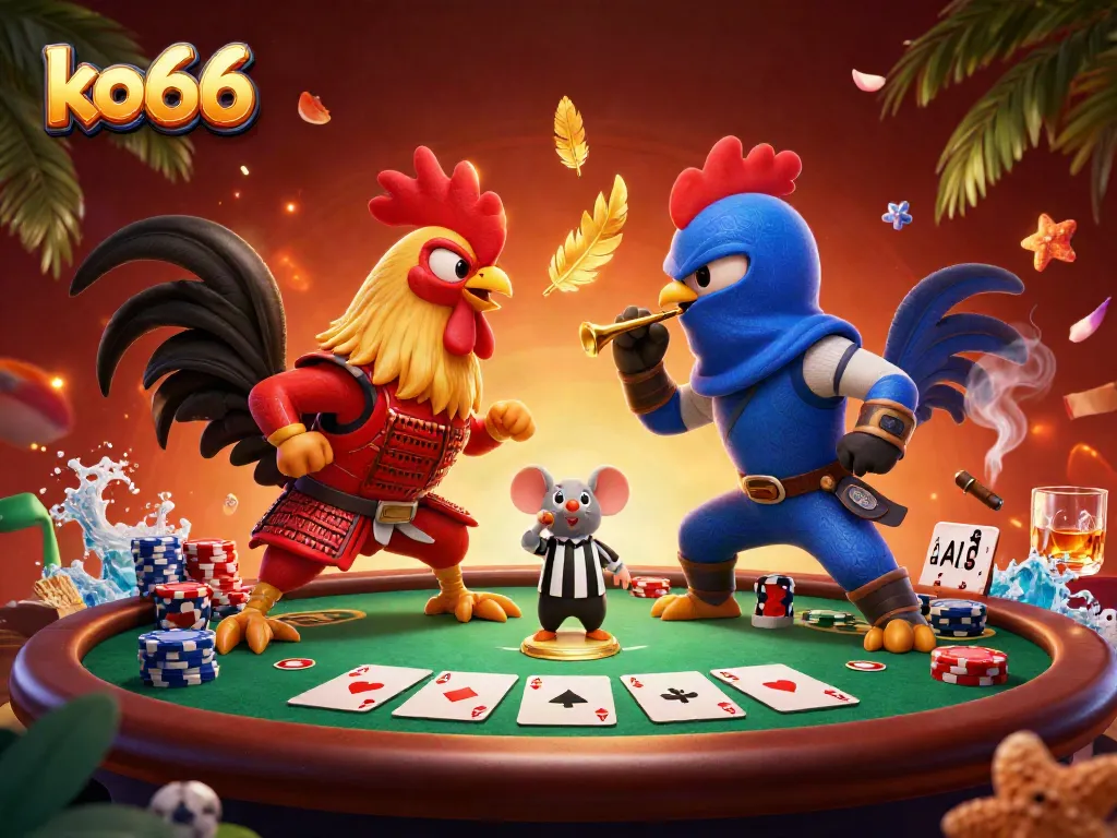 Experience thrilling standoffs in ko66's vibrant online casino atmosphere with epic rooster battle.