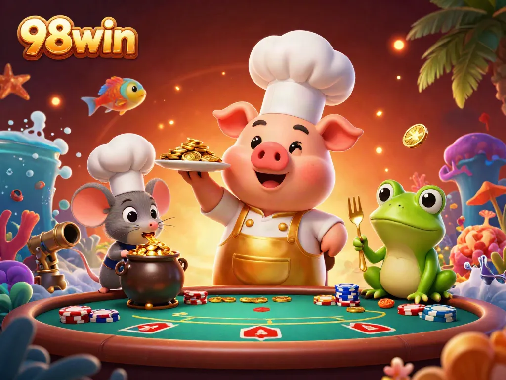 Engage with 98win's dynamic fish shooting game scene featuring vibrant characters and gold coins.