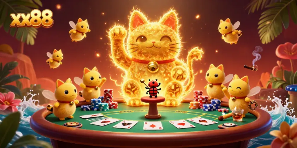 Experience a vibrant gaming atmosphere with xx88, featuring golden fireflies and casino elements.