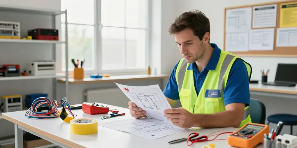 Professional setting showcasing Super33 Daftar electrical tape and tools in a bright workshop.