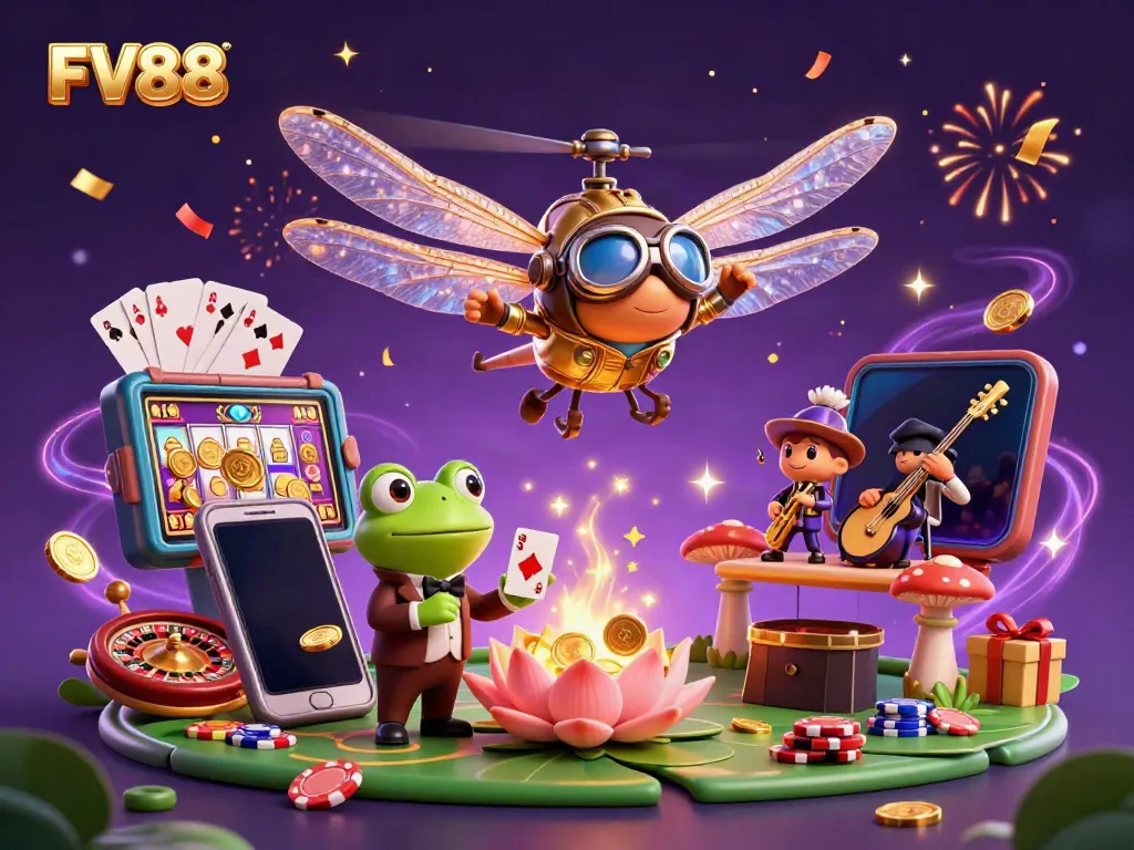 Experience the thrill of casino fun with FV88 in this vibrant 3D illustration.